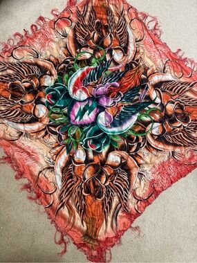 Christian Audigier Multicolor Silk Scarf with Orange Fringe